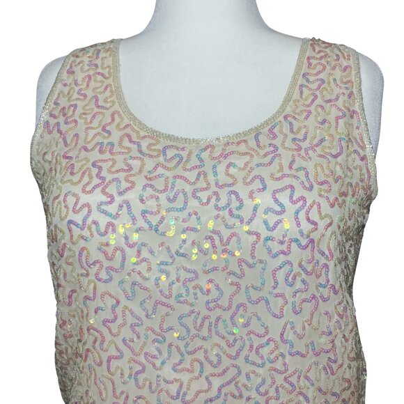 Vintage 90s Y2K 100% Silk White Going Out Top Sequins. Large. Bachelorette Fairy - Picture 6 of 10